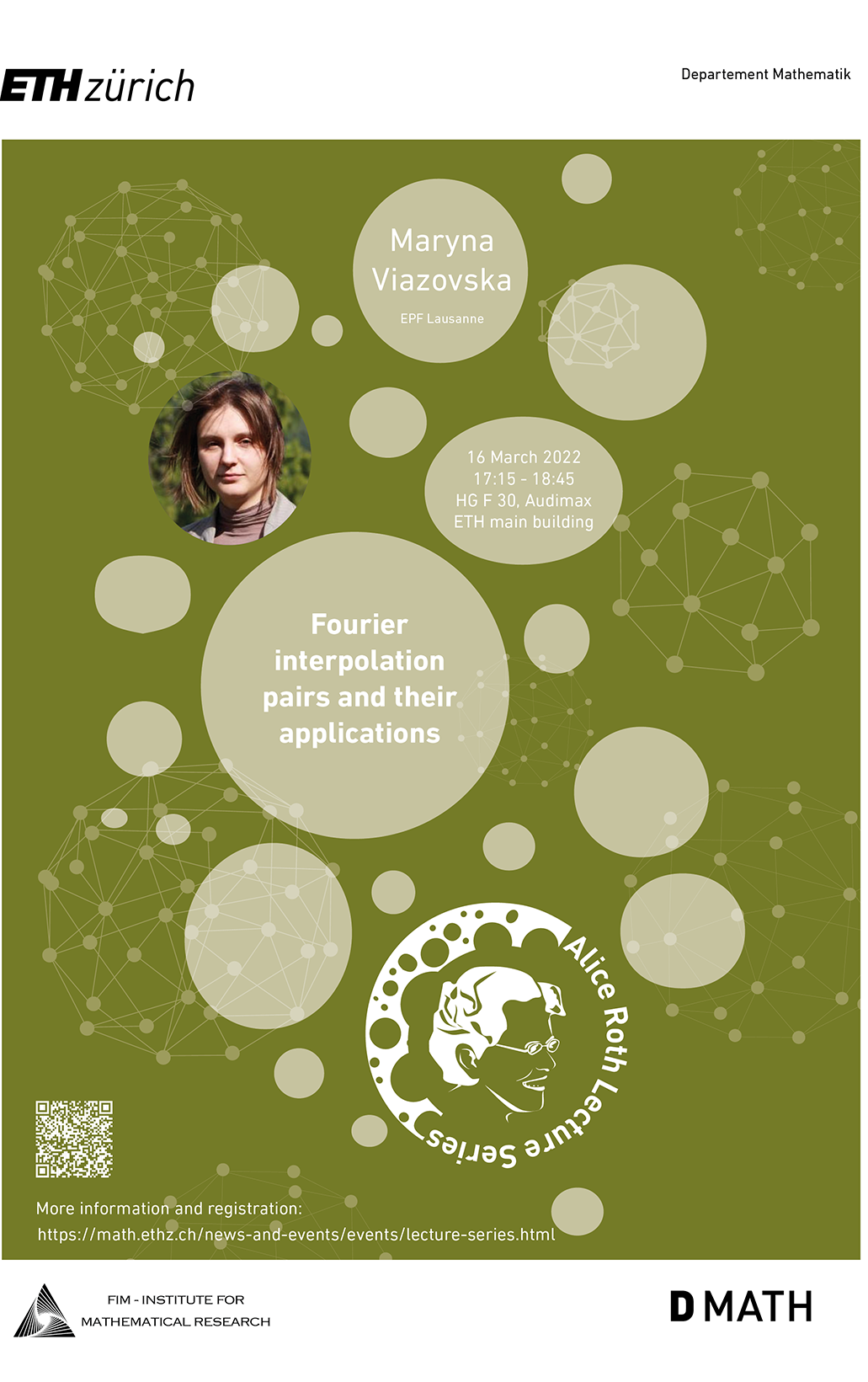 Poster with announcement of Alice Roth Lecture with Maryna Viazovska