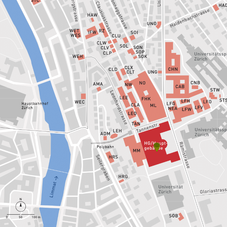 Vergrösserte Ansicht: Karte des ETH Campus Zentrum mit Kennzeichnung des Hauptgebäudes an der Rämistrasse 101